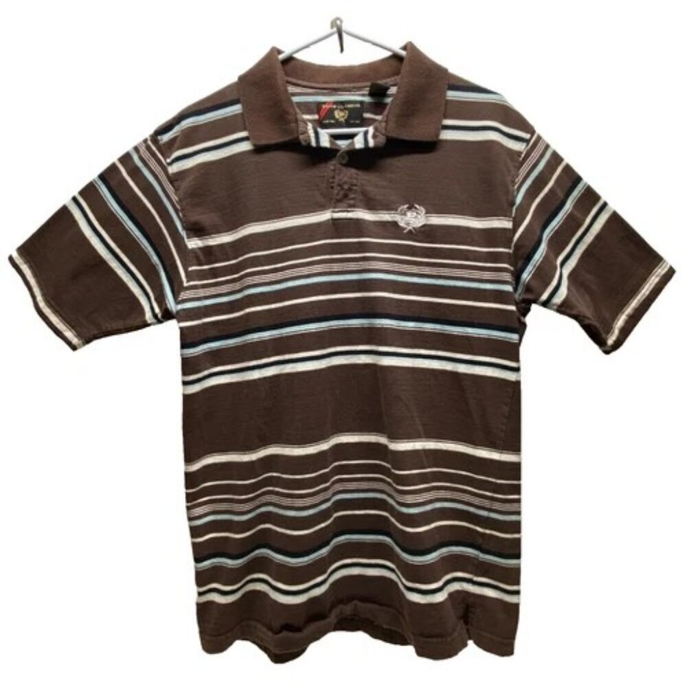 Phat Farm Polo Men's Large Short Sleeve Brown White Blue Stripe 90's Y2K Vtg GUC